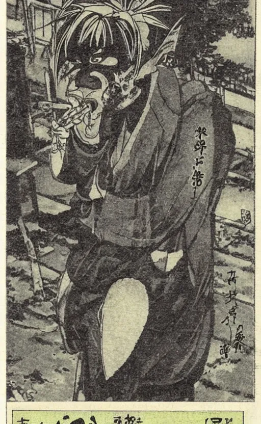 Image similar to by akio watanabe, manga art, a man masked as tengu sitting and smoking, abandoned japaense village, trading card front