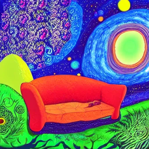 Image similar to psychedelic couch in the lush forest, planets, flowers, milky way, sofa, cartoon by eric carle