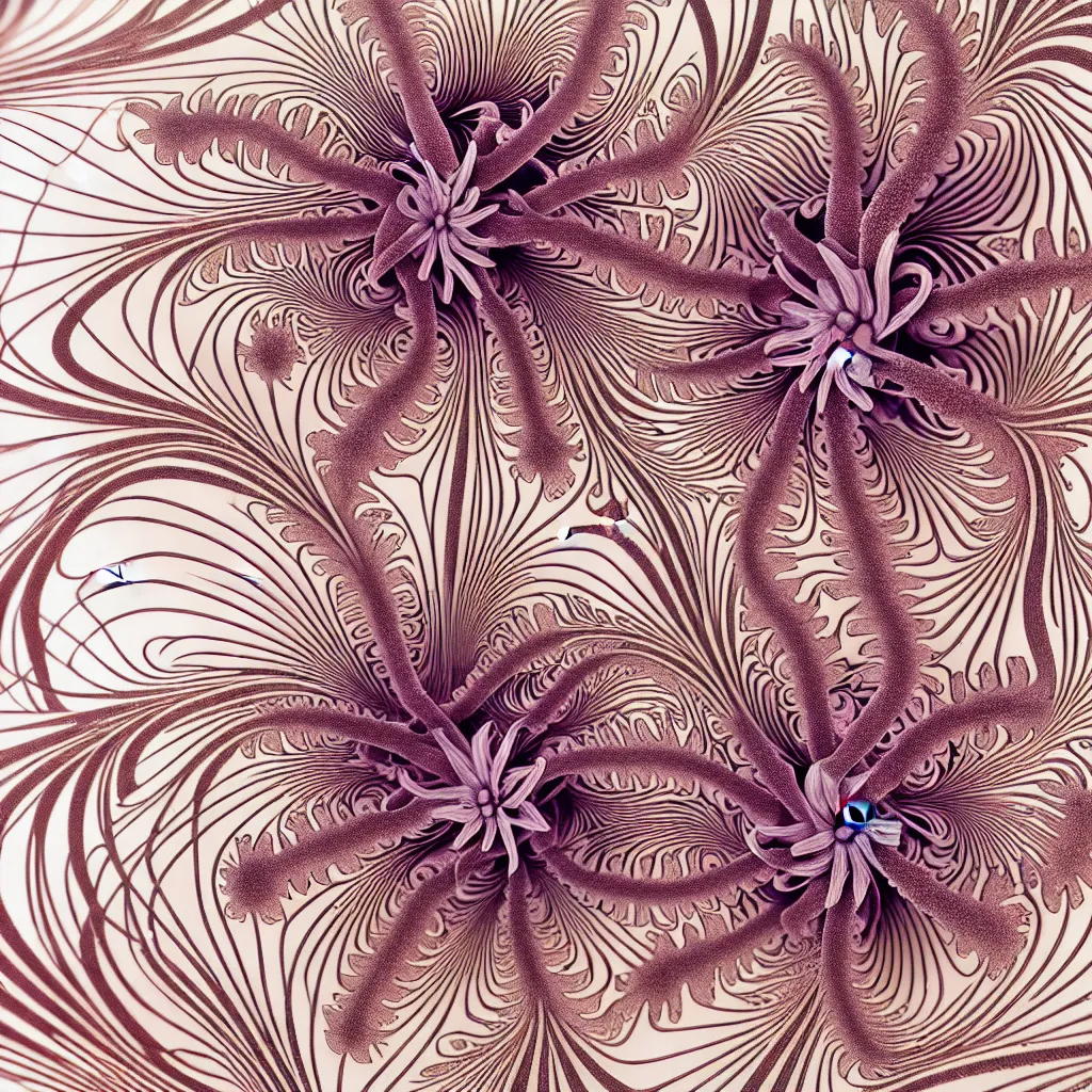 Image similar to complex flower by ernst haeckel! and mary jane ansell, closeup, fractal engravings, dept, realistic cinema 4 d render, beach sand background, clear focus, very coherent, very detailed