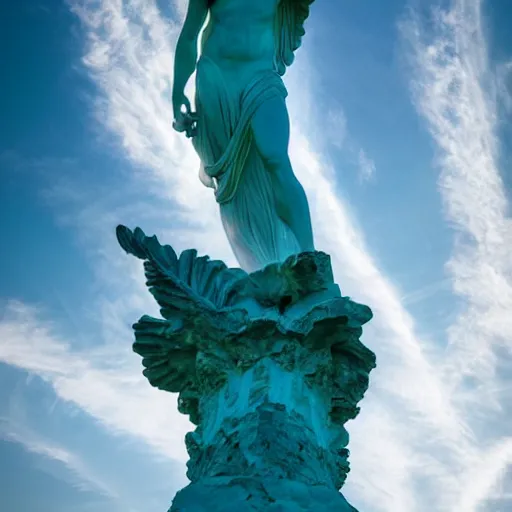 Prompt: venus, nike, the winged victory of samothrace statue made of turquoise crystal on a rock in the clouds dramatic low light volumetric lighting epic towering clouds central composition stylised