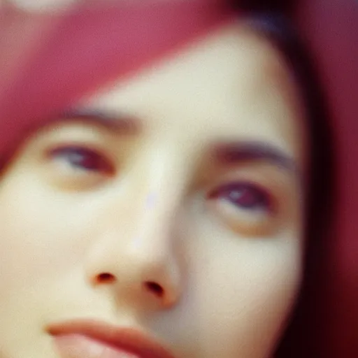 Image similar to A close-up of a woman’s face, captured in low light with a soft focus. There is a gentle pink hue to the image, and the woman’s features are lightly blurred. Cinestill 800t