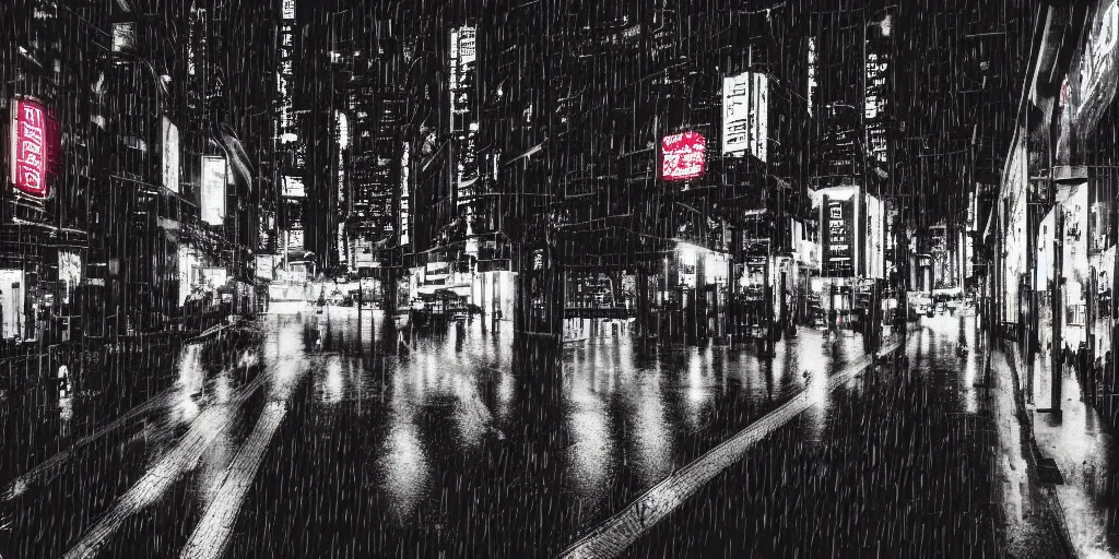 Image similar to a city street at night, raining, photograph, cyberpunk, sharp focus, intricate detail, Desolate, drone shot,