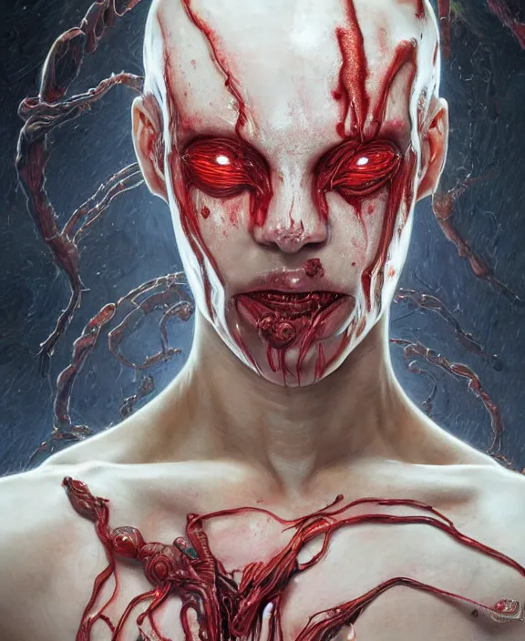 Prompt: portrait of a bloodied intricate geometric slime dripping genderless insect alien monster, muscles, rippling, space warping and twisting, ultra realistic, concept art, intricate details, eerie, highly detailed, photorealistic, octane render, 8 k, unreal engine. art by artgerm and greg rutkowski and alphonse mucha