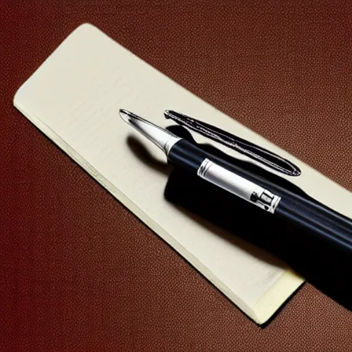Prompt: This is a sketch of a pen used as a bookmark. The pen is black and has a silver clip. The tip of the pen is capped with a black cap. The grip of the pen is wrapped in black tape.