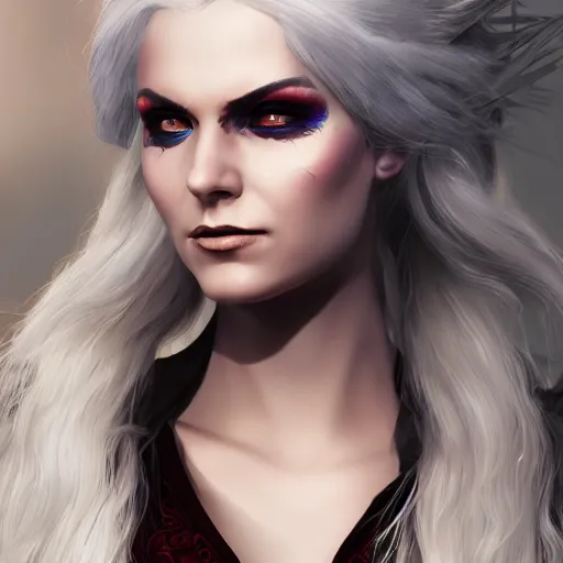 Image similar to an epic portrait of evelynn as a witcher, witcher design, beautiful face, detailed face, white hair, epic fantasy art, trending on artstation, deviantart, high detail, high definiton, ultra realistic, high quality, ultra quality, hyper realistic, 4 k uhd,