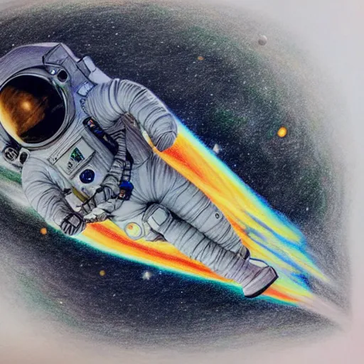 Image similar to highly detailed color pencil drawing of an astronaut drifting in space