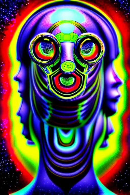 Prompt: maximalist detailed scifi robot head portrait. lowbrow scifi artwork by kidsquidy. ray tracing hdr polished sharp in visionary psychedelic fineart style inspired by alex grey and cameron gray