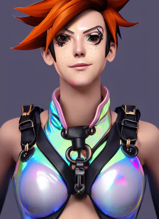 Prompt: portrait bust digital artwork of tracer overwatch, wearing iridescent rainbow latex and leather straps catsuit outfit, expressive happy face, makeup, in style of mark arian, angel wings, wearing detailed leather collar, chains, black leather harness, detailed face and eyes,