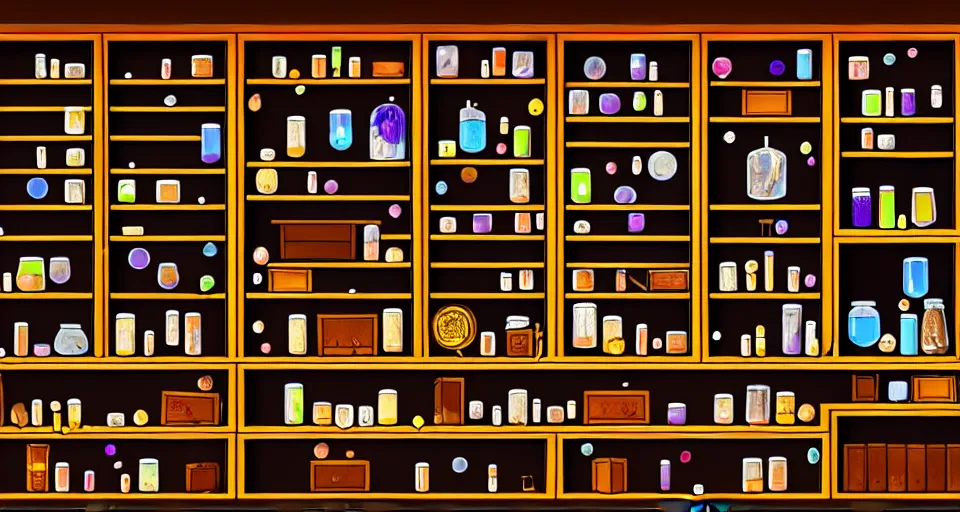 Image similar to a bookshelf of wonderful magical experiments, located in a wizard's shop, full of trinkets and magical potions flasks vials, bubbling liquids, smoking vessels, detailed, 4 k