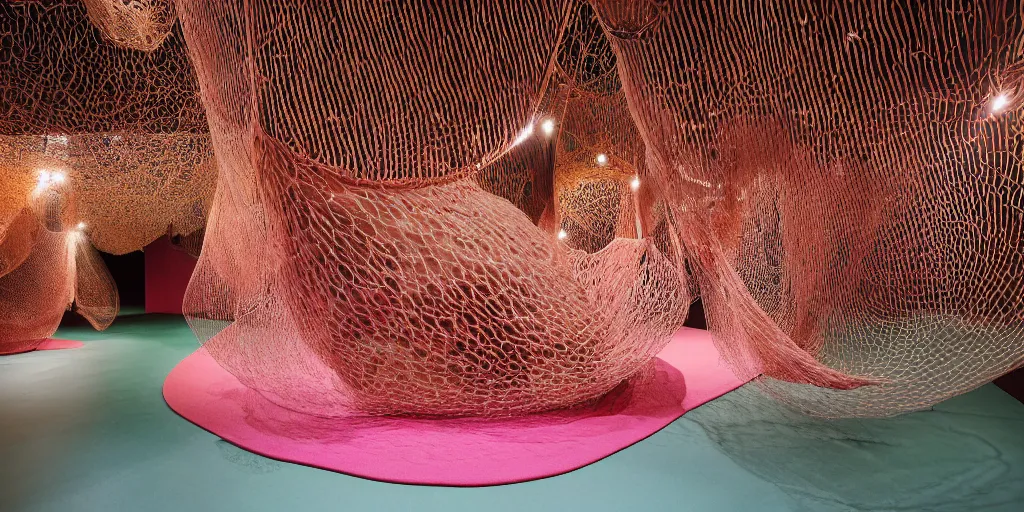 Image similar to biomorphic structures out of stocking - like material and nets that fills with various objects like spices, sand and rocks by ernesto neto, light - mint with dusty pink color