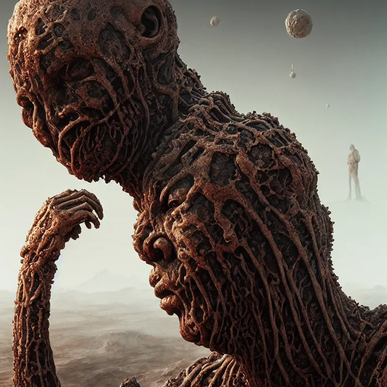 Image similar to portrait of beautiful ribbed melting man in wastelands on white exoplanet, baroque portrait painting, beautiful intricate insanely detailed octane render, artstation, 8 k artistic harsh flash photography, photorealistic, volumetric perfect light, chiaroscuro, raphael, caravaggio, beksinski, rutkowski, giger