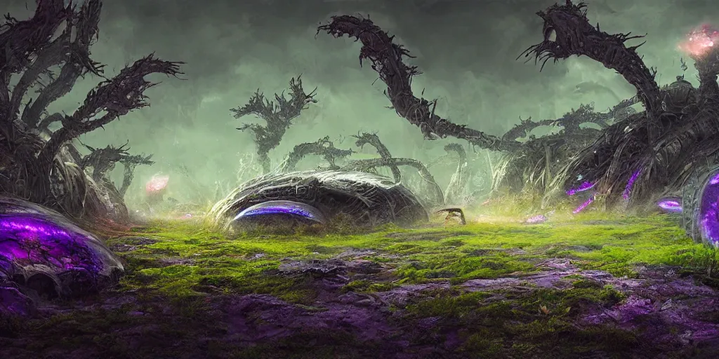 Prompt: rocky ground with a dirt path, and grass surrounding it, xenorphs part of the ground, organic alien ships attack the ground from the sky, john howe, liam wong, highly detailed, vibrant and vivid, giger, purple, aquamarine, hunter green, contrast, bright lights,