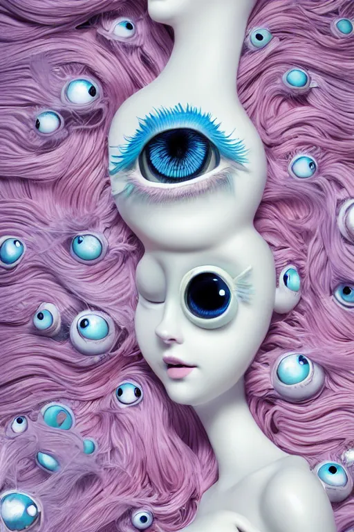 Image similar to 3 d full head and shoulders beautiful white porcelain woman with colourful big eyeballs all through her hair, ornate detailed hair, 3 d swirling hair by theodor seuss geisel and daniel arsham and xiang duan, simon stalenhag john waters, dr seuss kim jung gi, on a white background