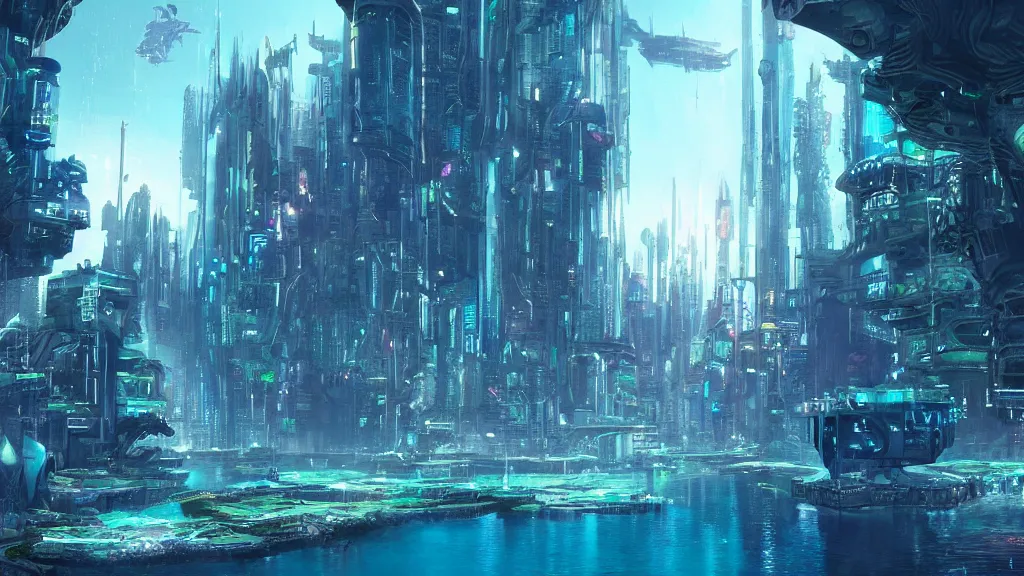 Image similar to Cyberpunk Atlantis. Beautiful underwater city.