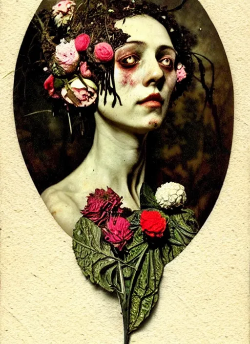 Image similar to beautiful and detailed rotten woman made of plants and many types of stylized flowers like carnation, chrysanthemum, roses and tulips, rococo ornamentation, intricate, surreal, john constable, guy denning, gustave courbet, caravaggio, romero ressendi 1 9 1 0 polaroid photo