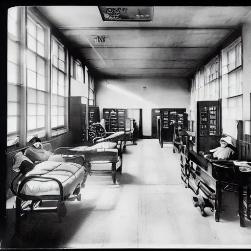 Image similar to an image of a civic hospital clinic, in a medium full shot, russian and japanese mix, high - key lighting, warm lighting, overcast flat midday sunlight, a vintage historical fantasy 1 9 1 5 photo from life magazine, professional cooperate, the new york times photojournalism.