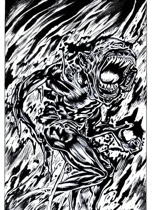 Prompt: pen and ink illustration of a demon monster, blue lightning strikes, agony