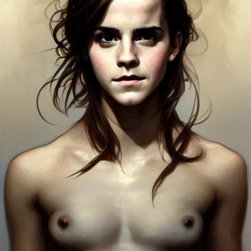 Image similar to emma watson portrait of forest gog, male, clear face, masculine, upper body, muscular, fantasy, intricate, elegant, highly detailed, digital painting, artstation, concept art, matte, sharp focus, illustration, art by artgerm and greg rutkowski and alphonse mucha