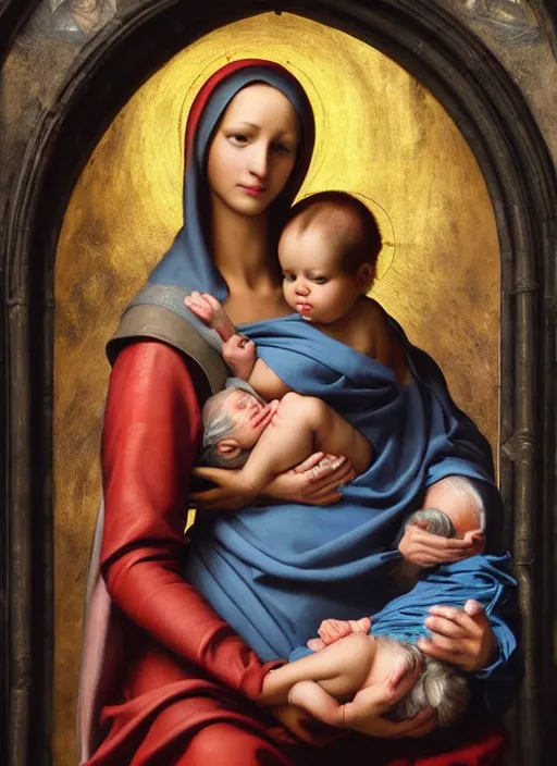 Image similar to realistic detailed 8k photo of futuristic holy cyborg-mother holding a newborn baby child in hands by Raphael Santi, Neo-Gothic, gothic, rich deep colors. masterpiece