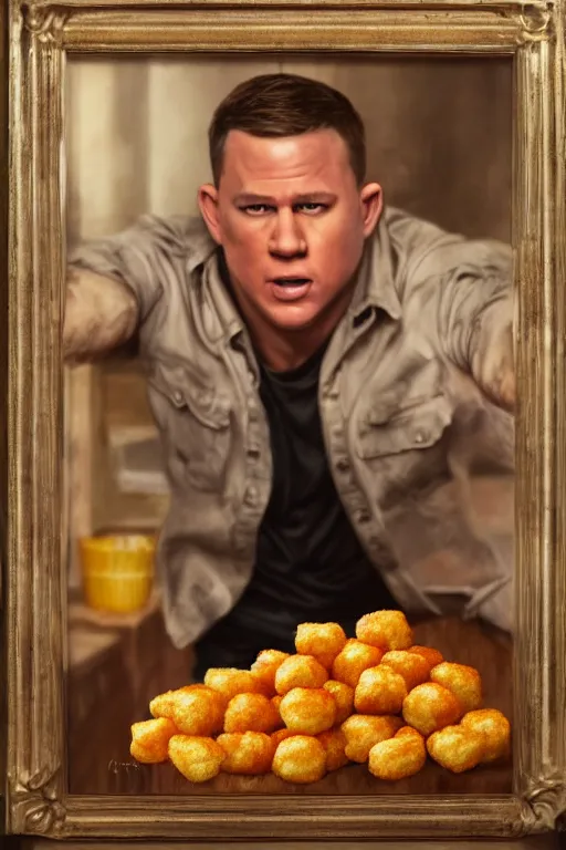 Prompt: a tater tot with channing tatum face, tater tot channing tatum, oil on canvas, intricate, 8 k highly professionally detailed, hdr, cgsociety