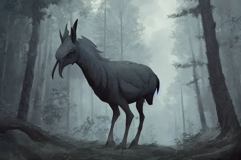 Image similar to horse merged with shoebill, digital art made by makoto shinkai, lois van baarle, greg rutkowski and jakub rebelka, highly detailed, symmetrical, extremely coherent, smooth, shaped focus, dystopian gray forest background, skull