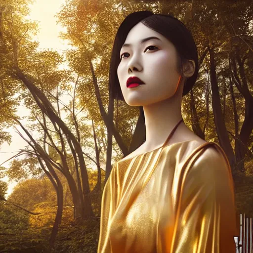 Image similar to innovative avant - garde art, deco fashion, asian women, highly detailed, photorealistic portrait by michael chavel, serene forest setting, golden hour, crisp quality and light reflections, octane render