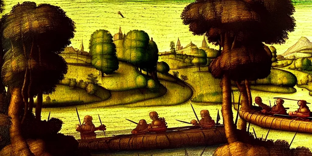 Image similar to A very detailed painting in the style of Leonardo Da Vinci featuring a river in Europe surrounded by trees and fields. A rubber dinghy is slowly moving through the water. Sun is shining