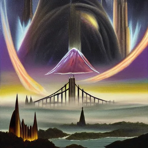 Image similar to Painting in the style of The Lord of the Rings, Two Towers resembling the World Trade Center Twin Towers, Golden Gate Bridge in the distant background between the towers, a glowing black hole in the night sky in front of the Milky Way, red-hooded magicians casting purple colored spells towards the towers, white glowing souls flying out of the towers to the black hole