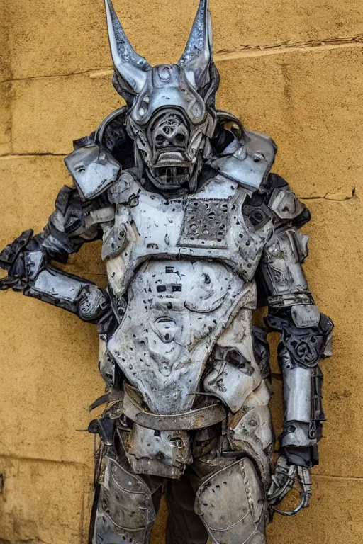 Prompt: photo taken of an epic intricate, ultra detailed, super realistic gritty, hero prop, exquisitely weathered armoured hazardsuit movie props, created by weta workshop, full body shot, photorealistic, sharp focus, white wall, cold colour temperture, golden ratio