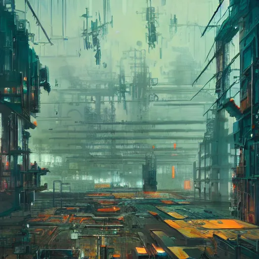 Prompt: concept art of a cyberpunk factory filled with drone workers, grimy, gritty, blade runner 2 0 4 9, trending on artstation, award winning painting, cgi, art by john berkey and anton fadeev and john howe and simon stalenhag