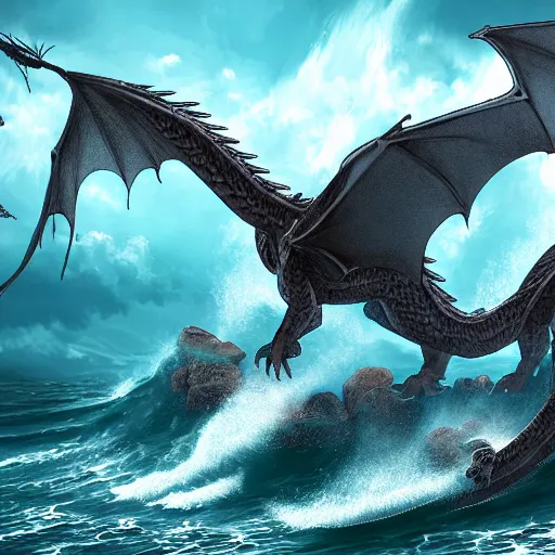 Prompt: Dragon rises from the ocean, detailed, digital art, 8k, trending on Artstation