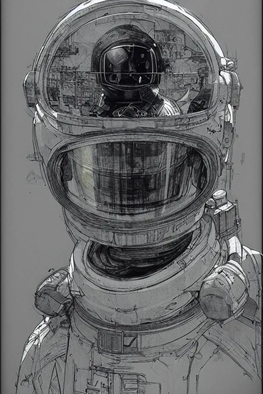 Prompt: portrait of a future cosmonaut with helmet having cybernetics and wirings, pen and ink, intricate line drawings, by craig mullins, ruan jia, kentaro miura, greg rutkowski