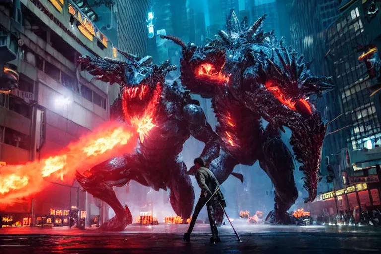 Image similar to film still of john wick fighting a kaiju in tokyo in the new pacific rim movie