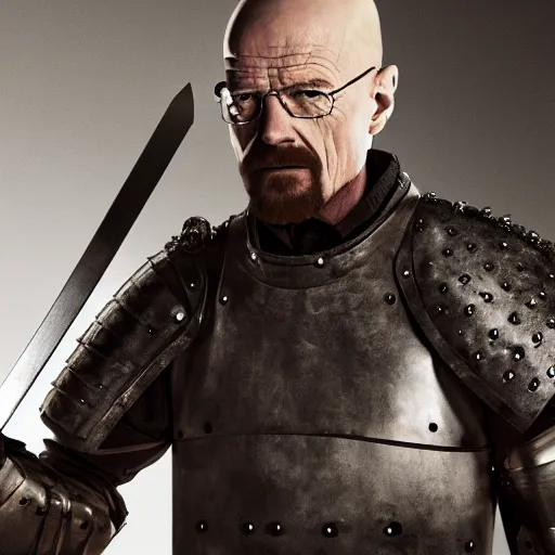 Image similar to walter white from breaking bad wearing knight armor and holding a sword, 4 k, hyper realistic