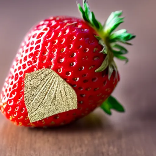 Image similar to high quality presentation photo of a strawberry painted in gold, photography 4k, f1.8 anamorphic, bokeh, 4k, Canon, Nikon