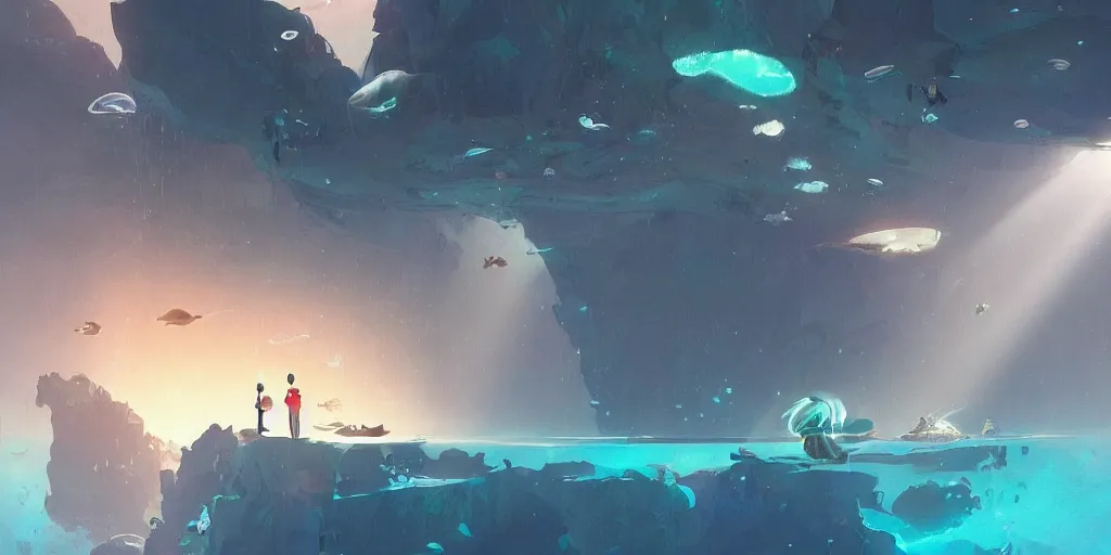 Image similar to giant aquarium in natural cave, levitating whales and dolphins, giant glowing jelly fishes, fantasy people, volumetric light, god rays of light, bright neons, scifi lampposts, art by pascal campion and moebius, trending on artstation
