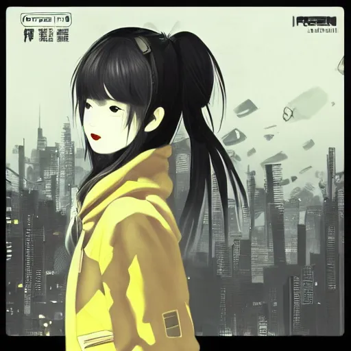 Image similar to Frequency indie album cover, luxury advertisement, yellow filter, white and gray colors. Clean and detailed post-cyberpunk sci-fi close-up schoolgirl in asian city in style of cytus and deemo, blue flame, relaxing, calm and mysterious vibes, by Tsutomu Nihei, by Yoshitoshi ABe, by Ilya Kuvshinov, by Greg Tocchini, nier:automata, set in half-life 2, Matrix, GITS, Blade Runner, Neotokyo Source, Syndicate(2012), dynamic composition, beautiful with eerie vibes, very inspirational, very stylish, with gradients, surrealistic, dystopia, postapocalyptic vibes, depth of field, mist, rich cinematic atmosphere, perfect digital art, mystical journey in strange world, beautiful dramatic dark moody tones and studio lighting, shadows, bastion game, arthouse