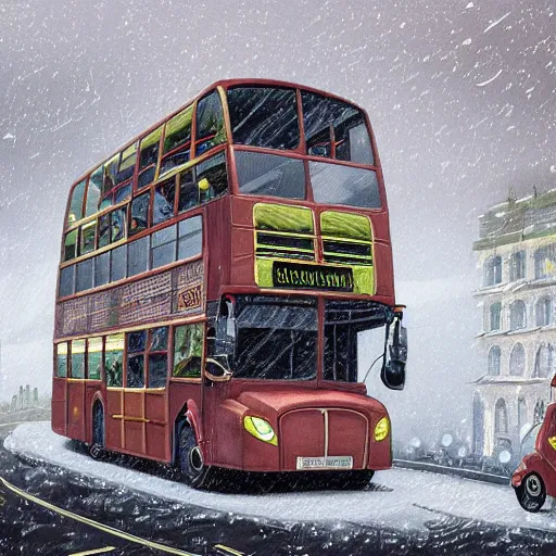 Image similar to a storybook illustration of a multistory bus in winter london road, intricate, elegant, fantasy, highly detailed, digital painting, concept art, sharp focus, artstation