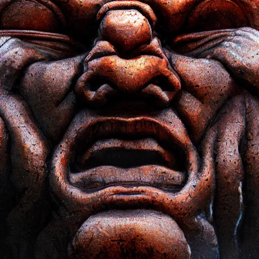 Image similar to a highly detailed epic cinematic concept art CG render digital painting artwork: close up shot of a molten face of a socialist realist statue. Soviet, gloomy, dystopian, night. By Greg Rutkowski, Ilya Kuvshinov, WLOP, Stanley Artgerm Lau, Ruan Jia and Fenghua Zhong, trending on ArtStation, made in Maya, Blender and Photoshop, octane render, excellent composition, cinematic atmosphere, dynamic dramatic cinematic lighting, aesthetic, very inspirational, arthouse