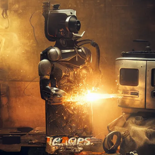 Image similar to cyborg with toaster oven chest, dark messy smoke - filled cluttered workshop, dark, dramatic lighting, orange tint, sparks, cinematic, highly detailed, sci - fi, futuristic, movie still