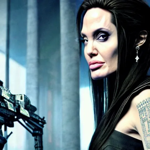 Prompt: promotional beautiful realistic portrait of <Angelina Jolie circa 1000 bc> as <Cyberpunk Shaman> in the new movie directed by <Tetsuya Nomura>, <heavily armored and brandishing sci-fi blaster>, <perfect face>, movie still frame, promotional image, imax 70 mm footage