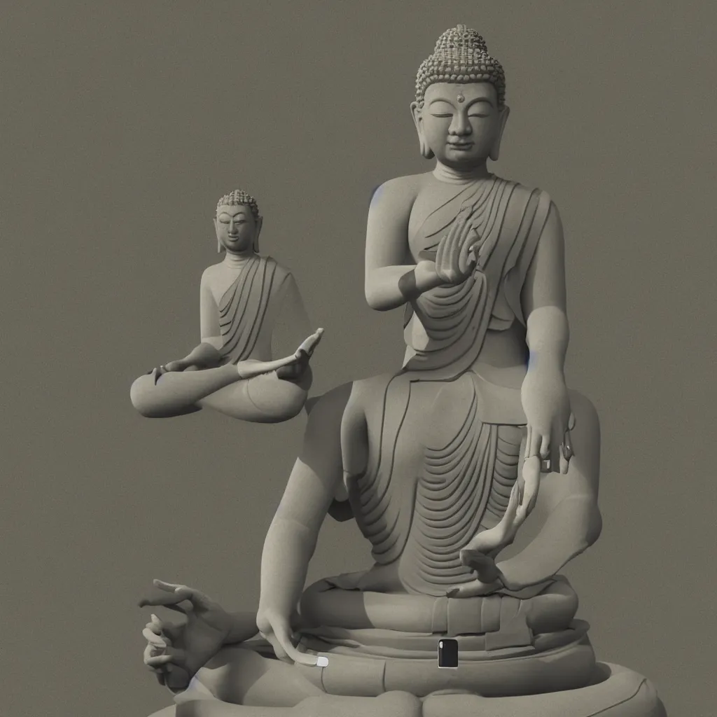 Prompt: 3 d model of a meditating buddha checking his phone in unreal engine