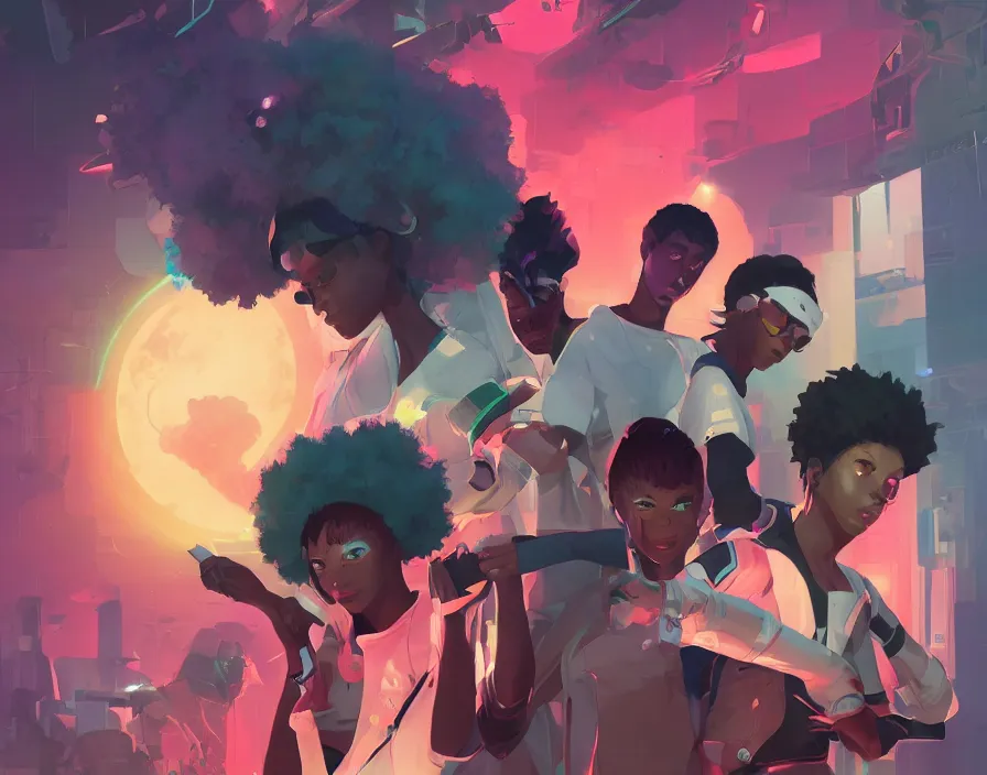 Image similar to afro - futuristic gamers, game consoles and joysticks, hacking the multiverse of gaming | hyperrealistic oil painting | by makoto shinkai, ilya kuvshinov, lois van baarle, rossdraws | afrofuturism, in the style of pascal blanche, trending on artstation | dark color scheme