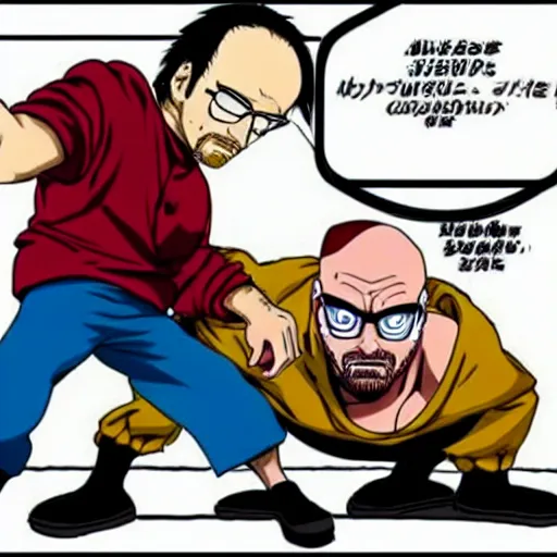 Image similar to Jessie pinkman wrestling walter white breaking bad in one piece anime style