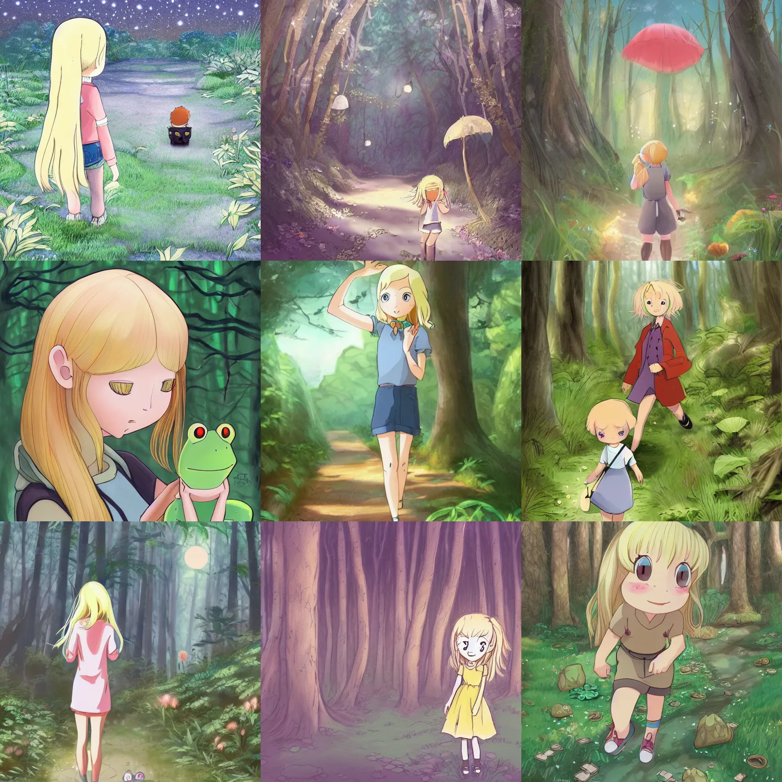 Prompt: illustration of a blonde girl! following a frog! in a forest, in the style of studio ghibli, fantasy, anime, cute, shoujo, trending on artstation, very detailed, children's animated films, award winning