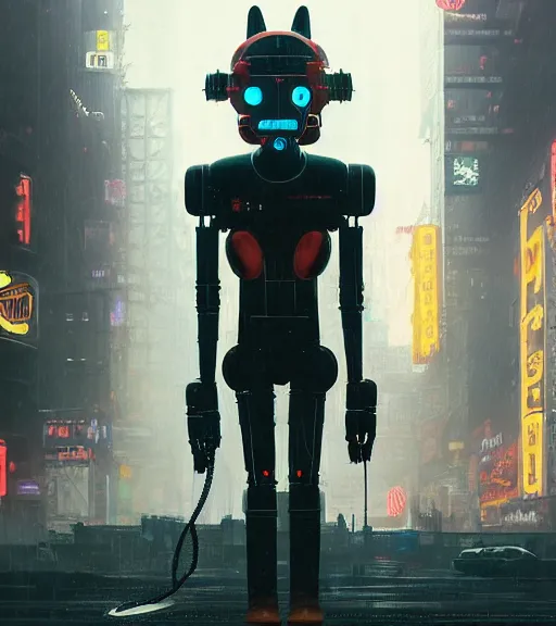 Prompt: new york city portrait of furry anthro anthropomorphic stylized cat head android service droid robot machine fursona wearing gloomy rainy screenshot from the video game cyberpunk 2077 digital art by Greg Rutkowski, Simon Stalenhag, christopher nolan trending on Artstation, CGSociety