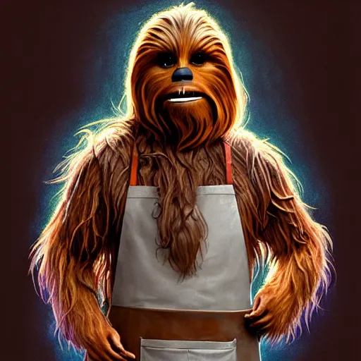 Image similar to portrait of chewbacca wearing an apron making pancakes in a 1 9 7 0 s kitchen, intricate, headshot, highly detailed, digital painting, artstation, concept art, sharp focus, cinematic lighting, illustration, art by artgerm and greg rutkowski, alphonse mucha, cgsociety