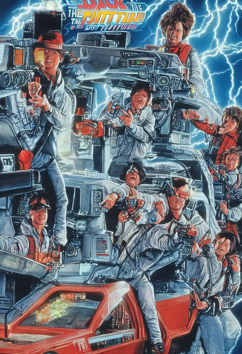Image similar to 8 0's movie poster for back to the future vs. ghostbusters, art by drew struzan
