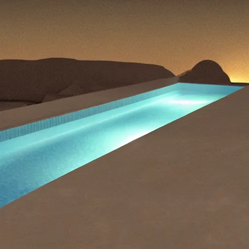 Prompt: a single pool in the middle of the desert at night, lights around the pool, dynamic lights, photorealistic concept art