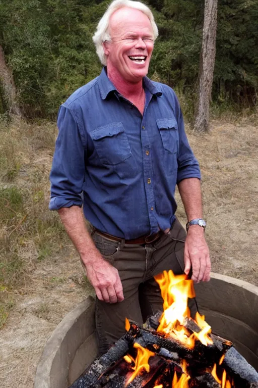 Image similar to kevin tighe floating above a fire laughing